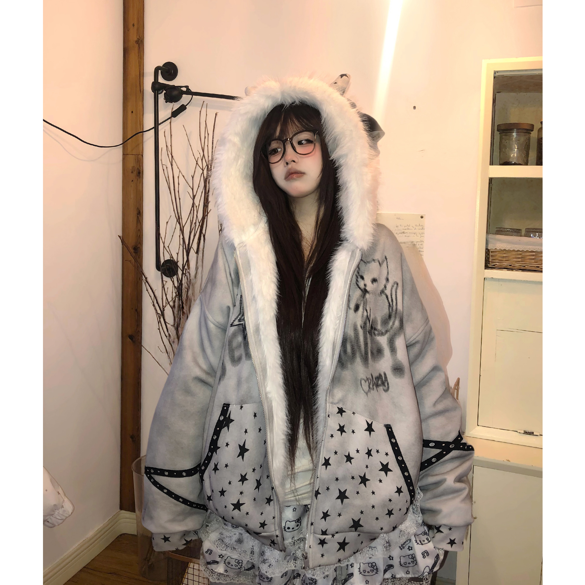 土豆猫甜酷座山雕毛领冬季外套女