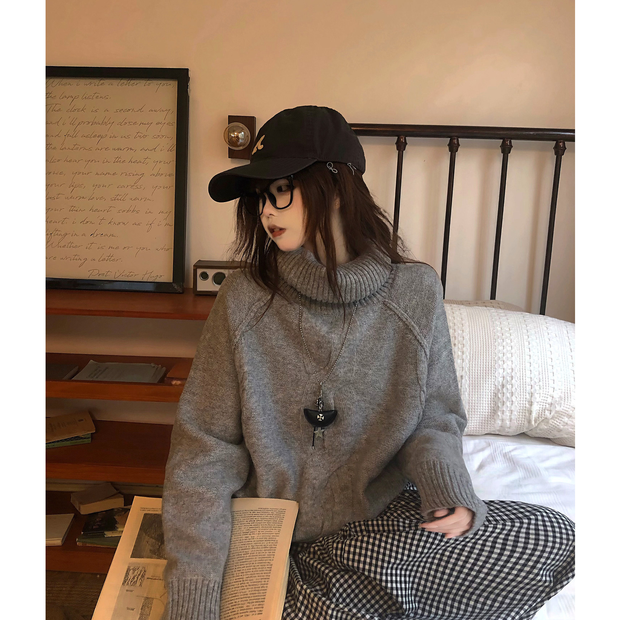 TUDOU土豆猫韩系穿搭麻花灰色毛衣女宽松慵懒风高级感堆堆领上衣