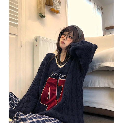 土豆猫学院风麻花v领毛衣女宽松