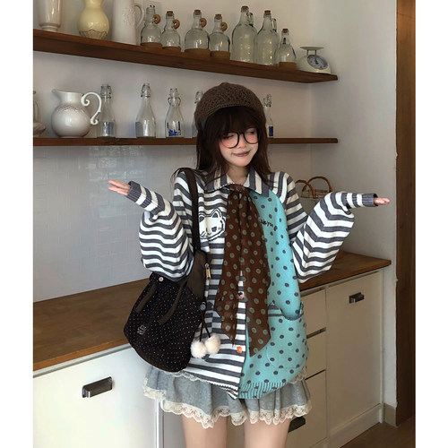 豆猫韩系条纹开衫秋冬毛衣外套女