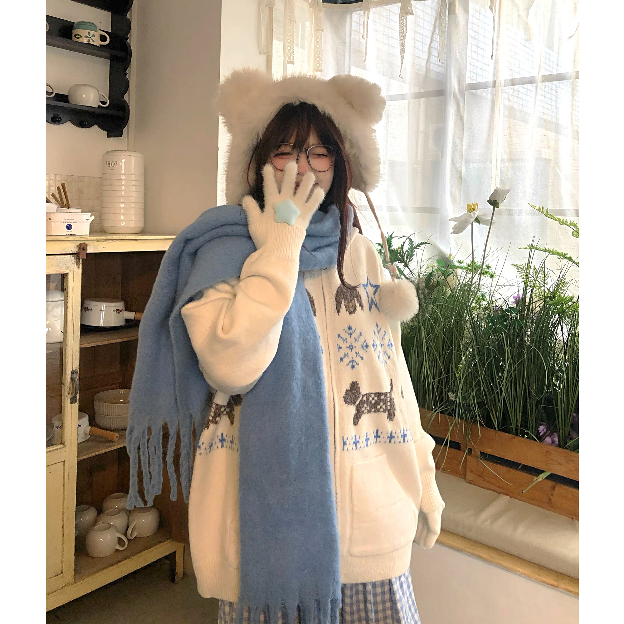 费尔岛连帽毛衣开衫外套女韩系