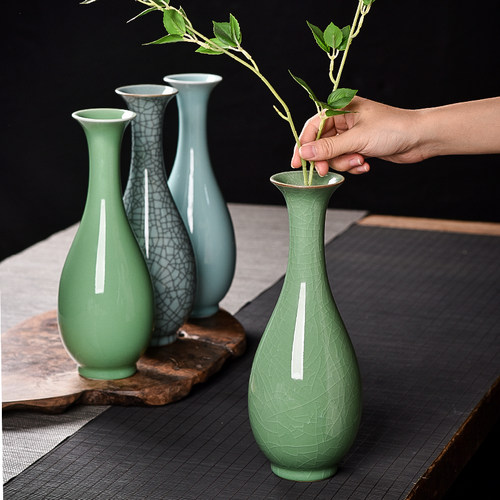 龙泉瓷青瓷花瓶仿古鲜花中式客厅电视柜插花瓶装饰品家居瓷瓶摆件