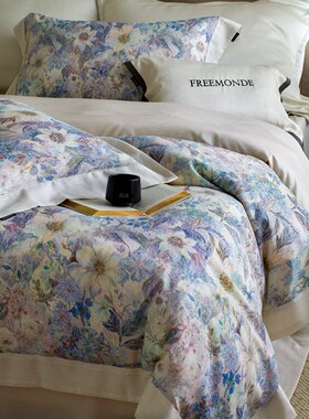 Freemonde透气干爽莱赛尔天丝亚麻清凉裸睡四件套印花云麓麻床品