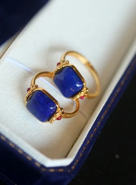 s925通体银镀金镶嵌天然青金石戒指活口可调大小奢华大气高级饰品