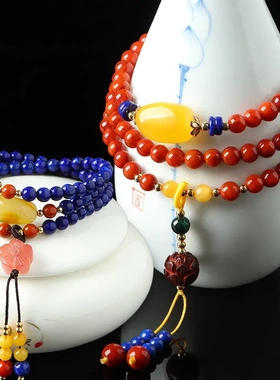 南红玛瑙青金石圆珠多圈手链原创手工搭配南红鸡油黄蜜蜡情侣手串