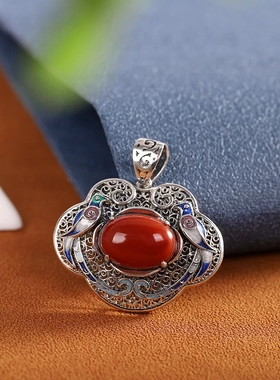 人品银品泰银精工项饰s925银镶南红玛瑙烧蓝吊坠镂空女士毛衣挂坠