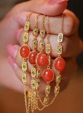 天然川料樱桃红南红宝石简约轻奢手链s925银镀金镶嵌小精致百搭女