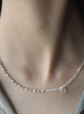 董洁同款925纯银串珠拼接项链 小众高级感简约灰玛古铜石锁骨链