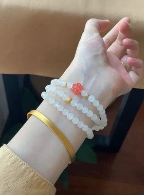 女款和田白玉多圈手链 s95银饰金珠手链 南红梅花手链 礼品饰简约