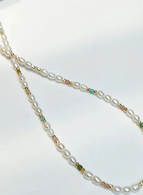 小米珠彩虹碧玺珍珠4mm左右项链天然碧玺锁骨链女款轻奢小众