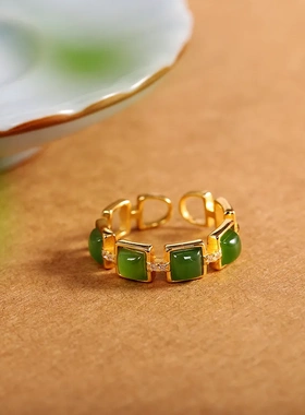 人品银品s925银镀金手饰时尚小清新女式 和田碧玉戒指 源头厂货