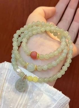 原创设计天然晴水和田玉多圈手链女新中式复古风玛瑙手串藕片吊坠