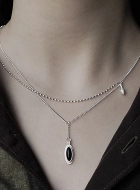 小众计明星董洁同款S925纯银星轨双层项链黑白玛瑙垂坠感锁骨链