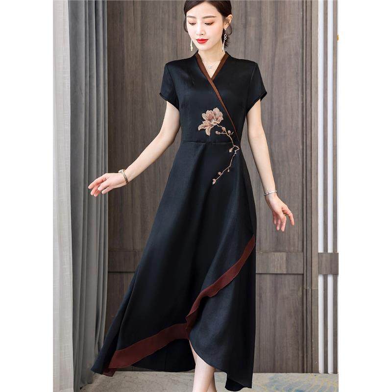 香云纱真丝桑蚕丝连衣裙女夏装2024新款妈妈高端气质改良旗袍长裙