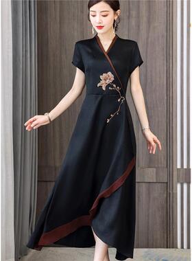 香云纱真丝桑蚕丝连衣裙女夏装2024新款妈妈高端气质改良旗袍长裙
