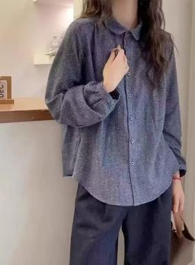 深蓝色翻领格子长袖衬衣衬衫女2025新款早秋季巨好看设计感上衣
