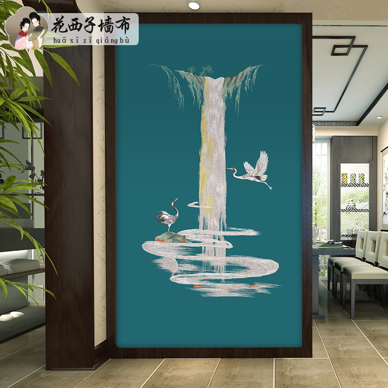 流水生财中式入户客厅玄关背景墙布过道走廊独秀刺绣茶室家装壁布