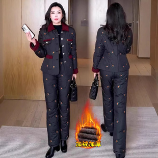 加绒加厚翻领洋气保暖棉服棉裤 新款 两件套 女士冬季 小香风刺绣套装
