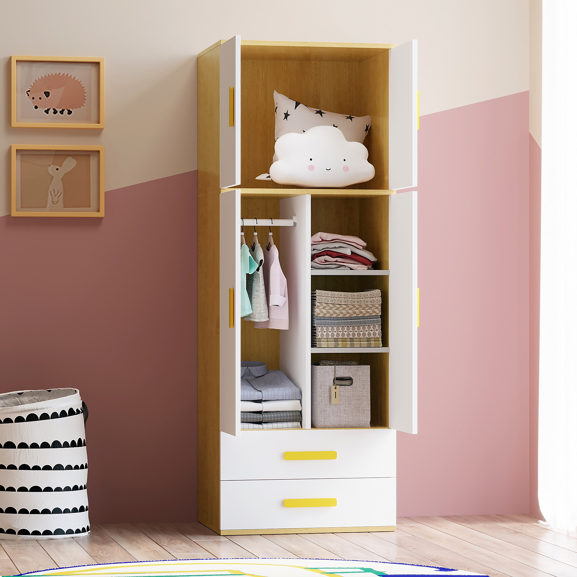 可比熊儿童衣柜实木简约现代经济型推拉门家用木质板式简易衣橱