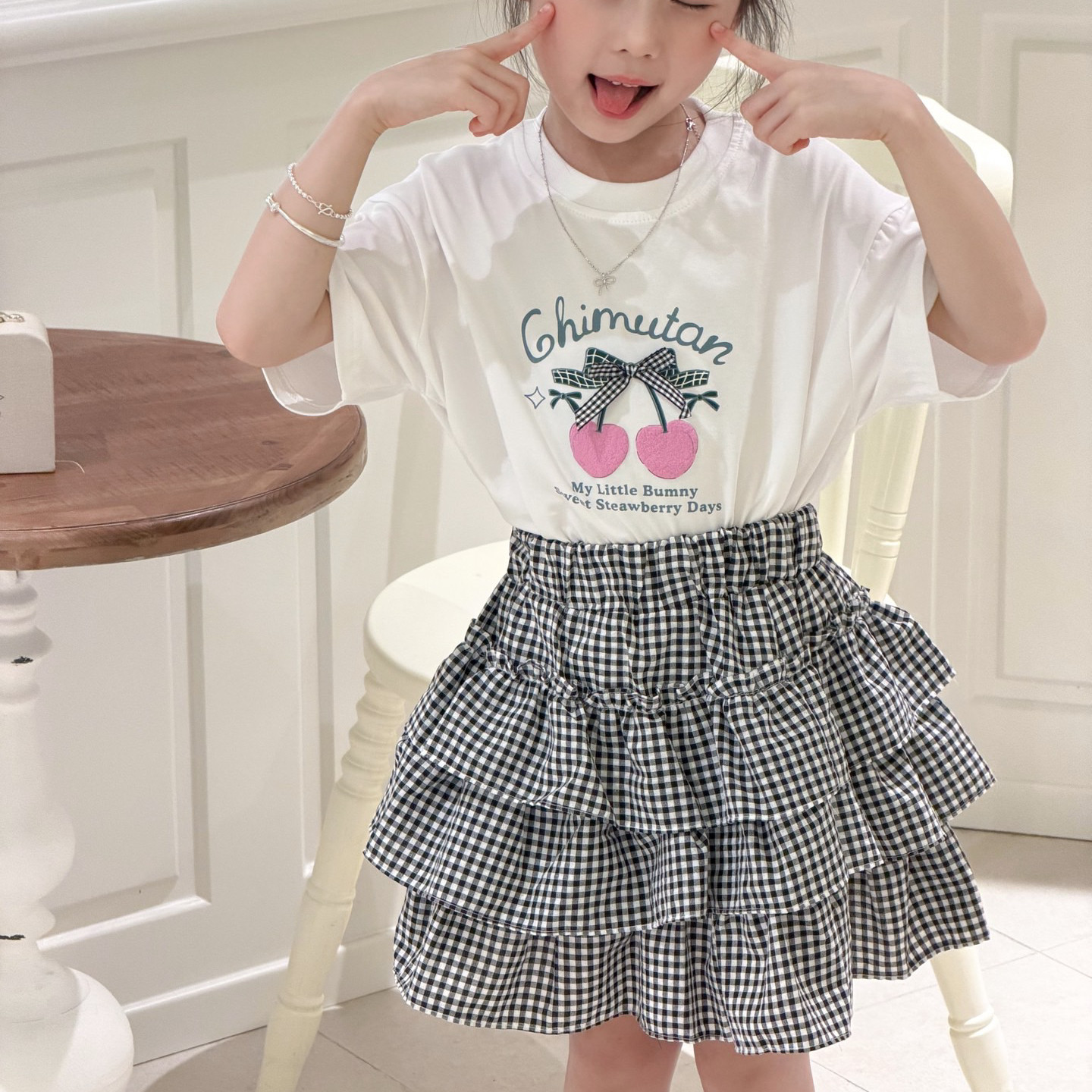 2026夏新款女童套装立体发泡蝴蝶结T恤纯棉格子蛋糕半身裙两件套