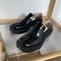 Genuine Leather Thick-Soled Tibi Split-Toe Loafers for Women, Flat Small Leather Shoes, Pig's Trotters, Horse's Trotters, British Style Chunky Heel Single Shoes