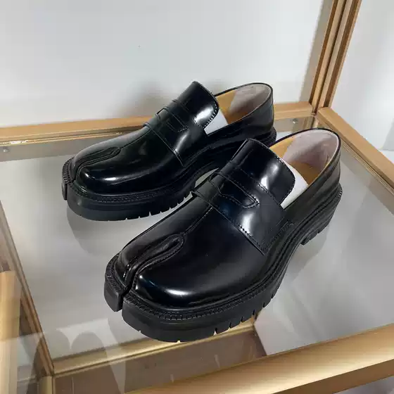 Genuine Leather Thick-Soled Tibi Split-Toe Loafers for Women, Flat Small Leather Shoes, Pig's Trotters, Horse's Trotters, British Style Chunky Heel Single Shoes