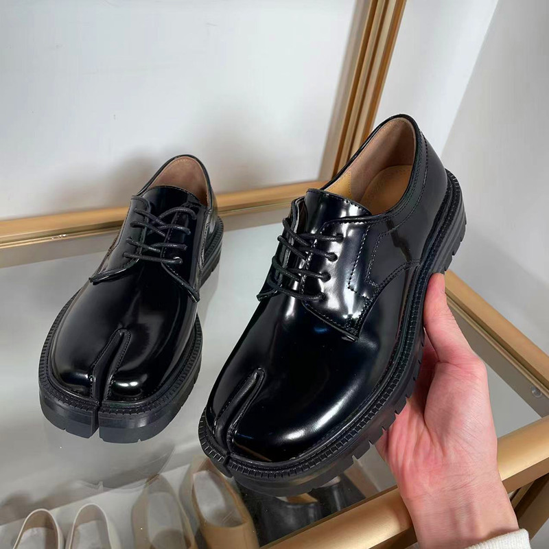 thumbnail for Leather thick-soled tibi split-toed loafers women's flat small leather shoes pig's trotters horse sheep's hooves British style thick-heeled single shoes st