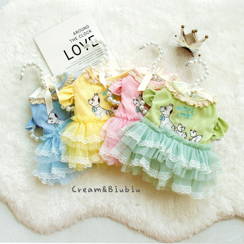 宠物狗狗猫咪衣服秋冬季刺绣灯芯绒连衣裙飞袖可爱加厚绒泰迪比熊