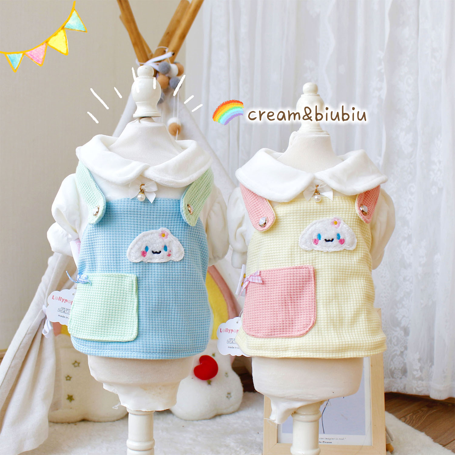 狗狗猫咪加绒泡泡袖背带裙假两件