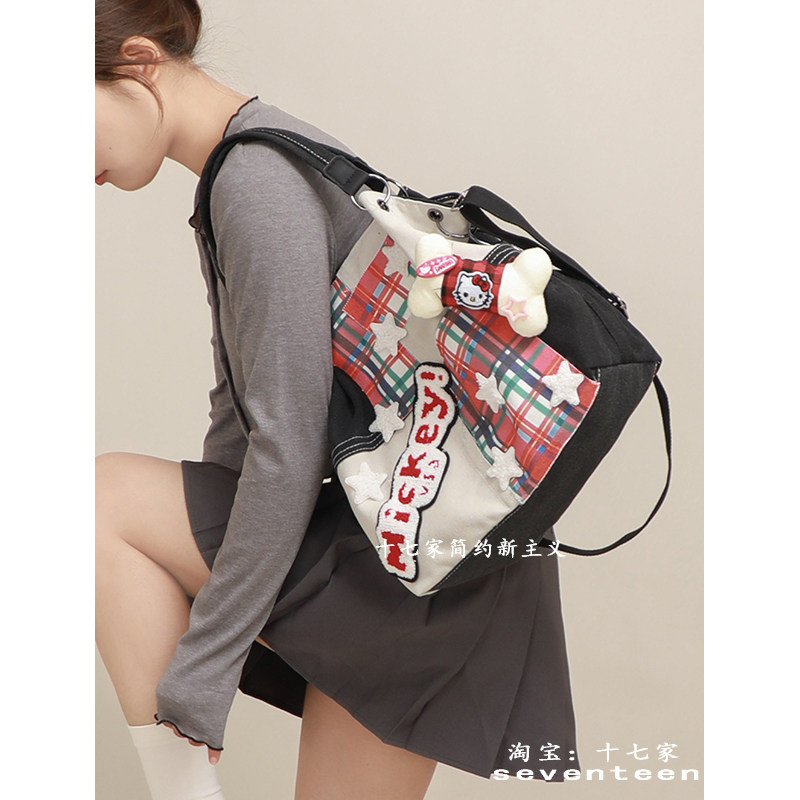 复古红格子猫猫星星骨头帆布包