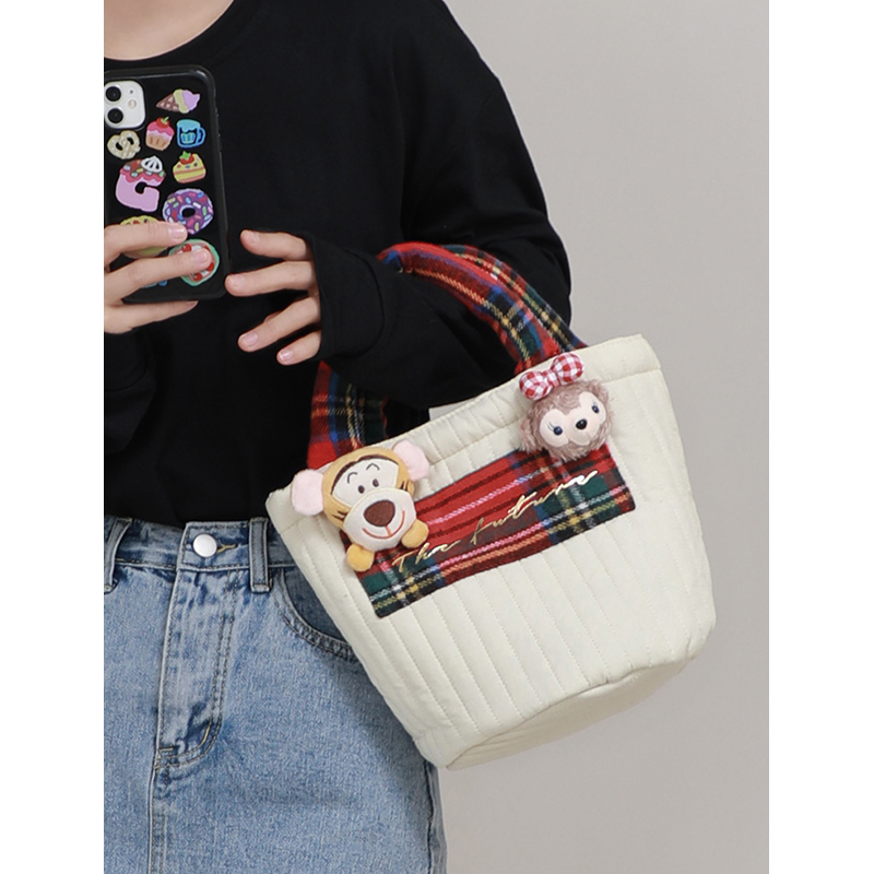 秋冬格纹手拎便当包通勤水桶包