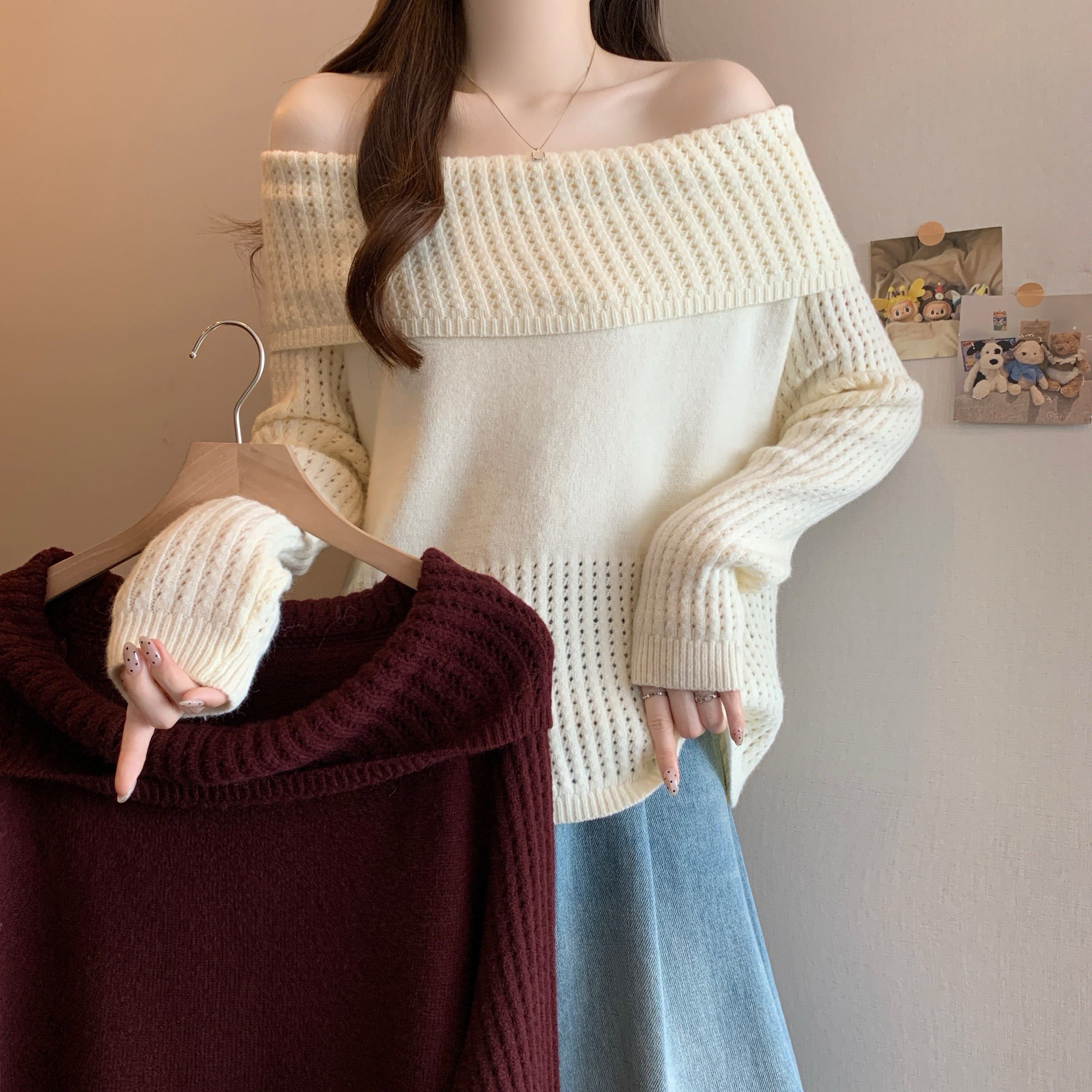 大码女装秋冬新款韩系一字肩毛衣女胖MM慵懒风打底衫镂空露肩上衣,女装/女士精品,大码内搭,淘宝优惠券,粉丝福利购,淘宝优惠卷