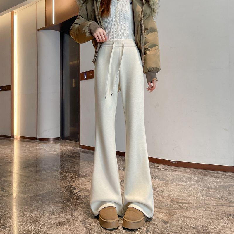 2025秋冬新款时尚百搭加绒羊绒高腰休闲阔腿裤醋酸羊毛裤微喇裤女