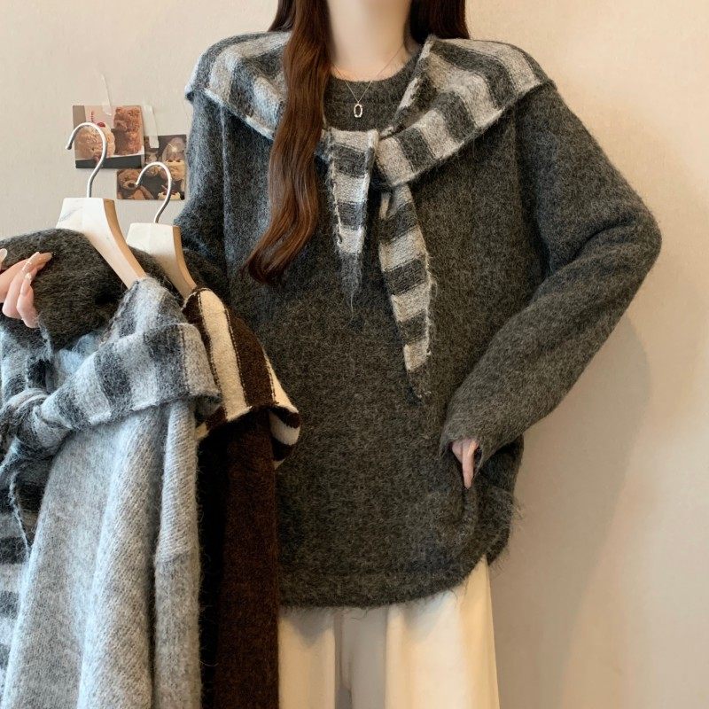 大码女装2025秋冬新款圆领纯色长袖毛衣条纹帽子披肩两件套毛衣潮,女装/女士精品,大码内搭,淘宝优惠券,粉丝福利购,淘宝优惠卷