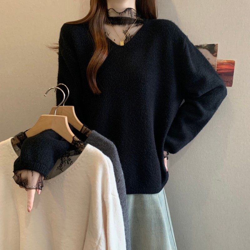 大码女装2025秋冬新款时尚百搭蕾丝拼接V领简约套头正肩长袖毛衣,女装/女士精品,大码内搭,淘宝优惠券,粉丝福利购,淘宝优惠卷