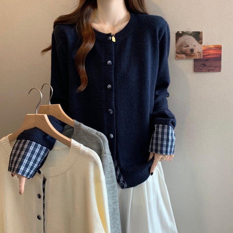 大码女装2025秋季新款胖MM圆领格子拼接翻领袖长袖正肩上衣毛衣潮,女装/女士精品,大码内搭,淘宝优惠券,粉丝福利购,淘宝优惠卷