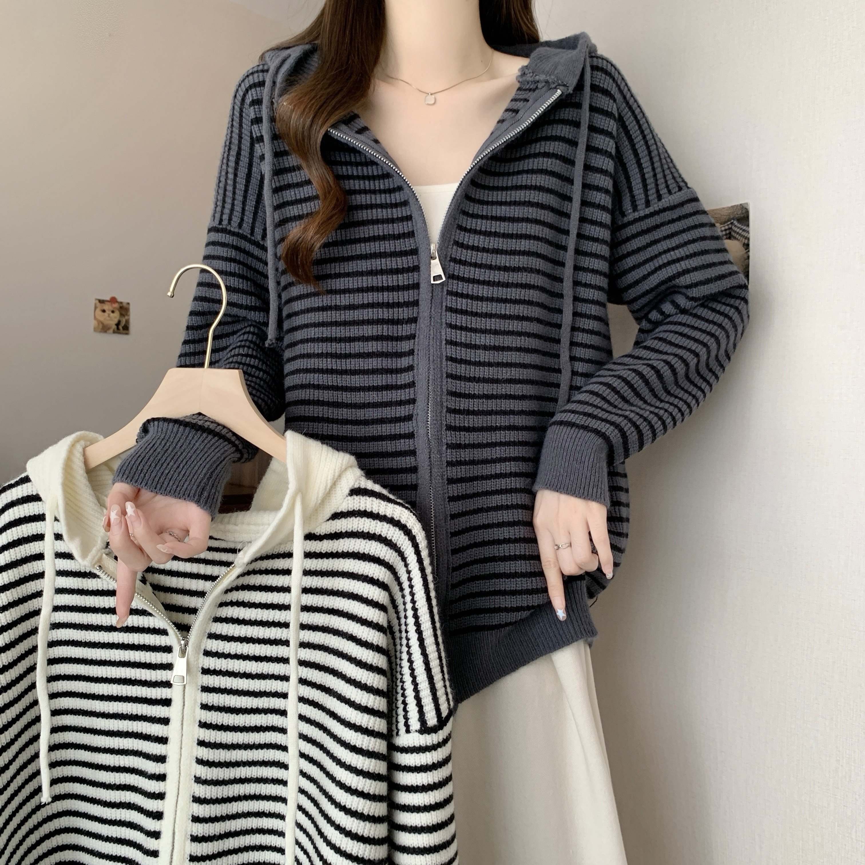大码女装2025秋冬新款条纹连帽针织开衫毛衣胖MM宽松拉链外套上衣,女装/女士精品,大码内搭,淘宝优惠券,粉丝福利购,淘宝优惠卷