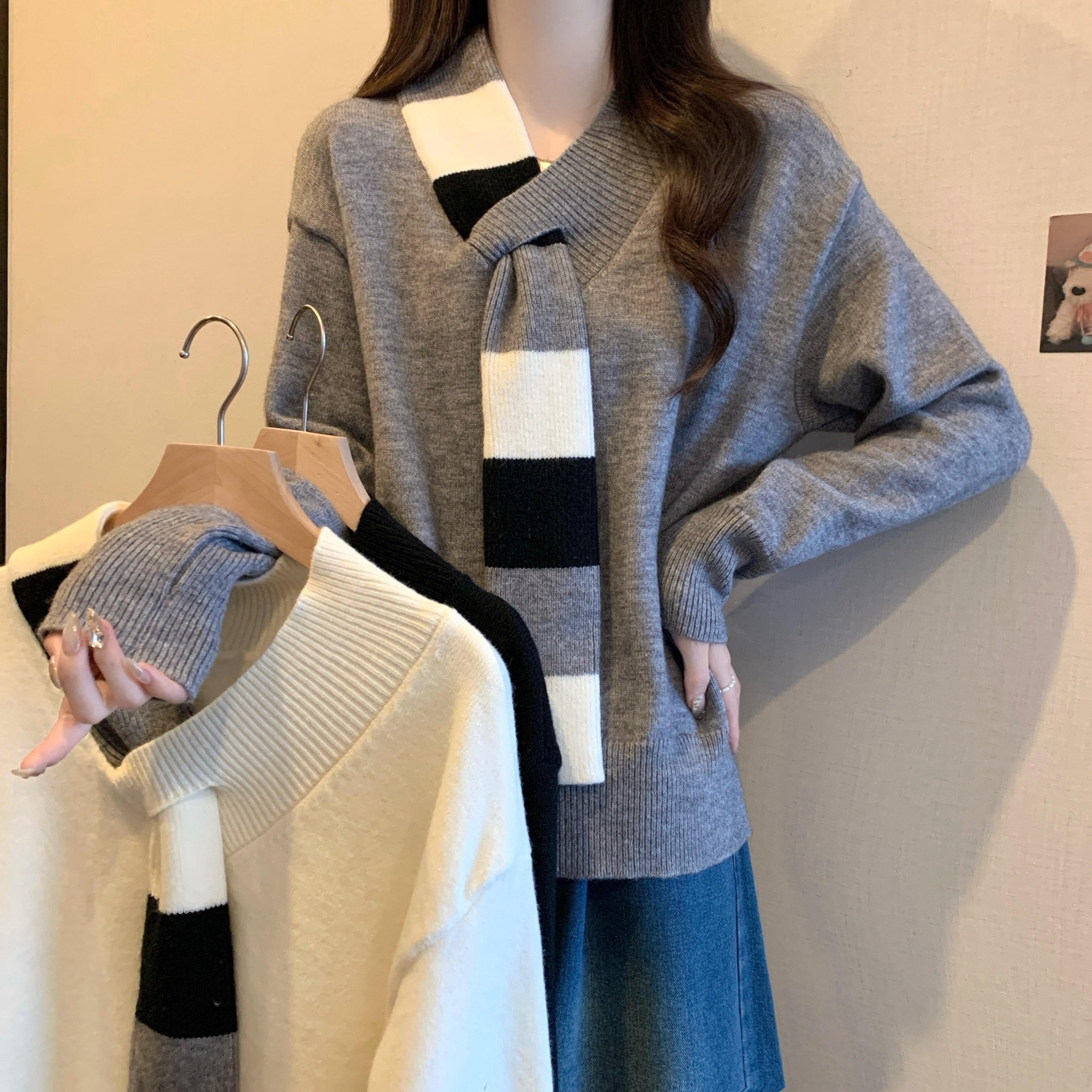 大码女装2025秋冬新款慵懒风围巾加厚毛衣胖MM时尚百搭V领上衣潮,女装/女士精品,大码内搭,淘宝优惠券,粉丝福利购,淘宝优惠卷