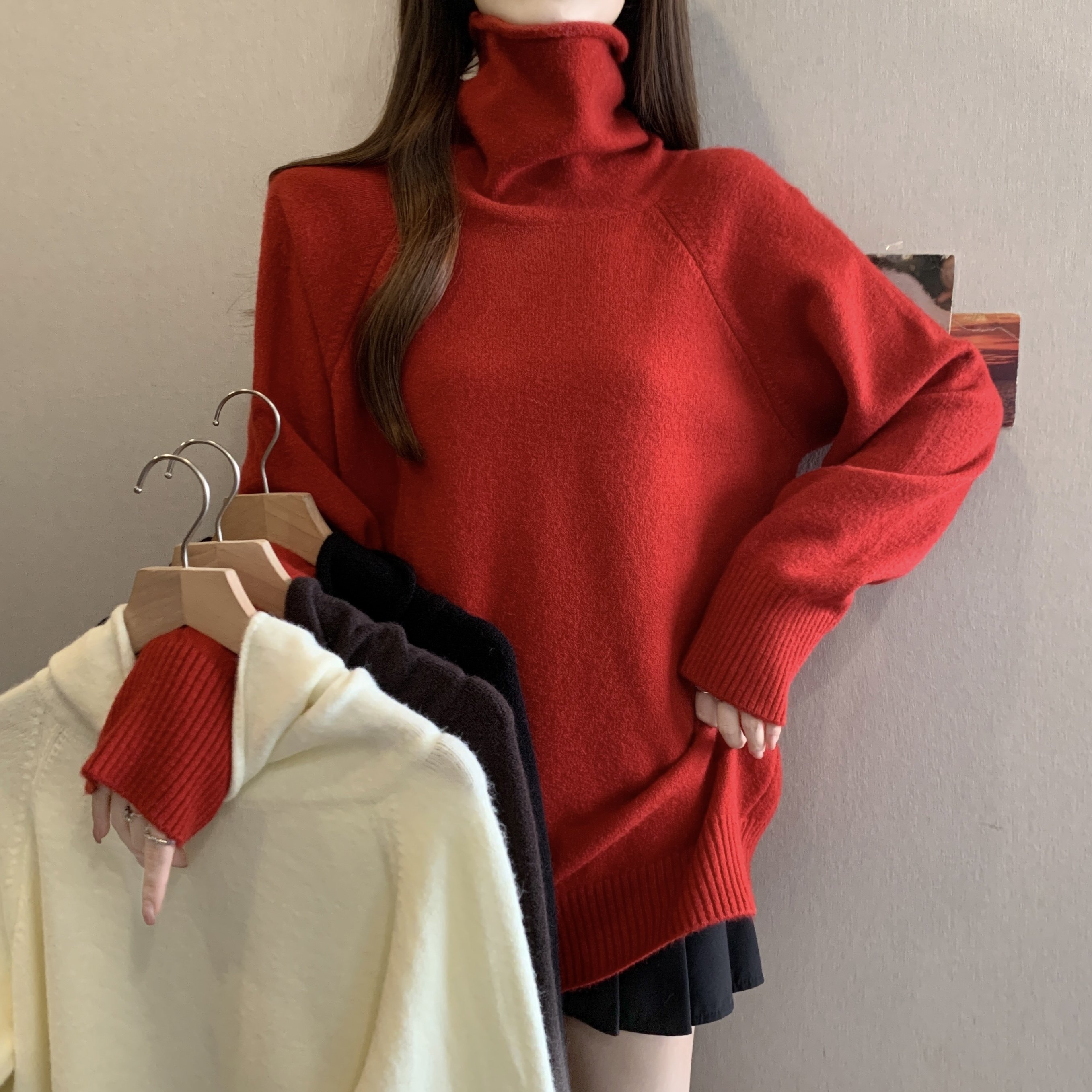 大码女装2025秋冬新款胖MM高领插肩袖宽松百搭过年红长袖套头毛衣,女装/女士精品,大码内搭,淘宝优惠券,粉丝福利购,淘宝优惠卷