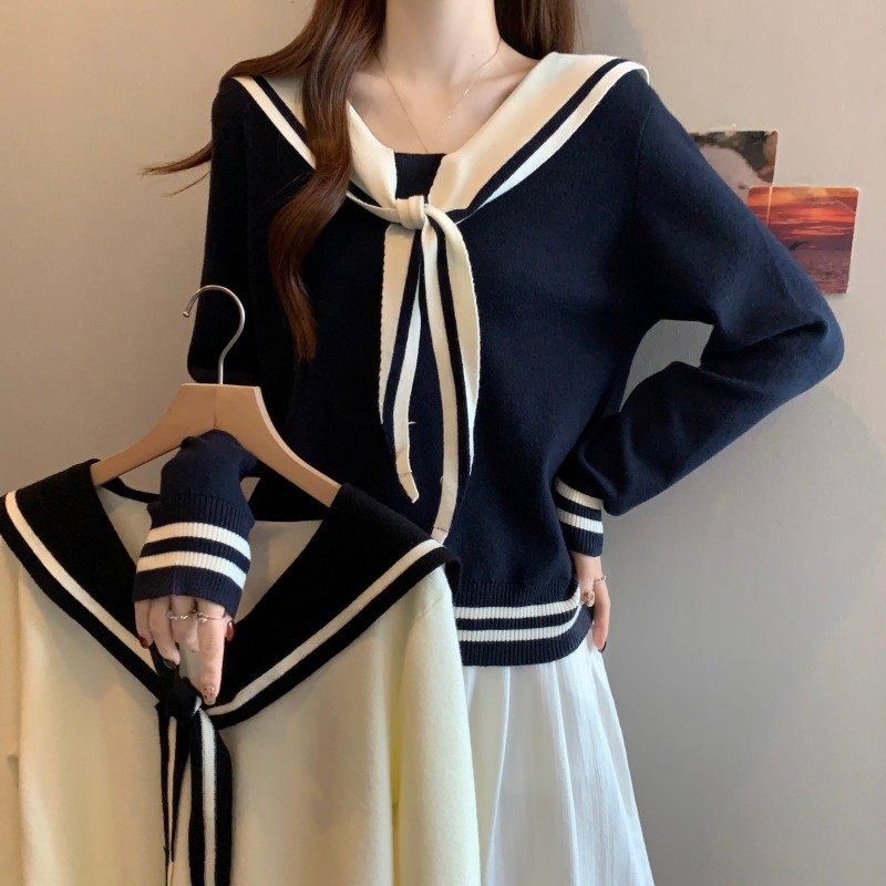 大码女装2025秋季新款时尚百搭撞色海军领长袖正肩套头上衣毛衣潮,女装/女士精品,大码内搭,淘宝优惠券,粉丝福利购,淘宝优惠卷