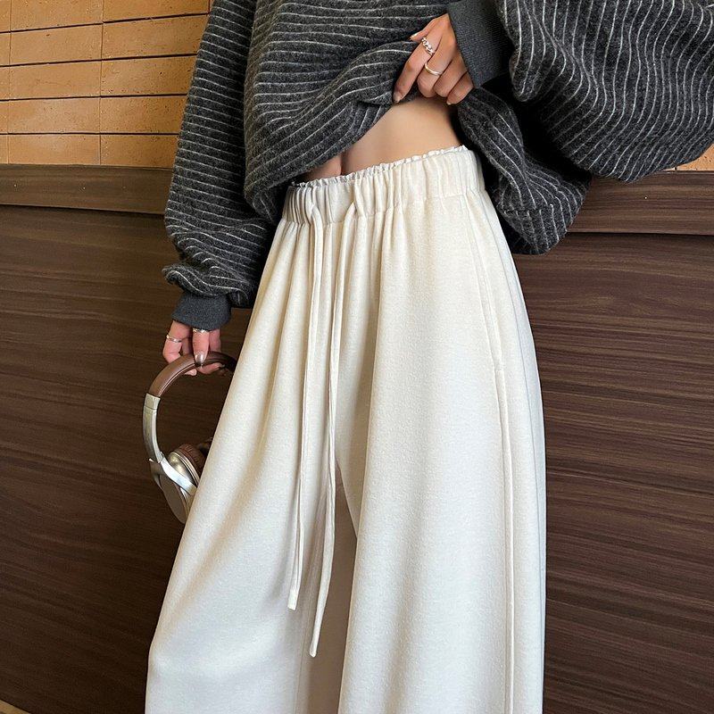 2025秋冬新款时尚百搭米白色窄版直筒休闲阔腿糯米羊绒弯刀裤裤女