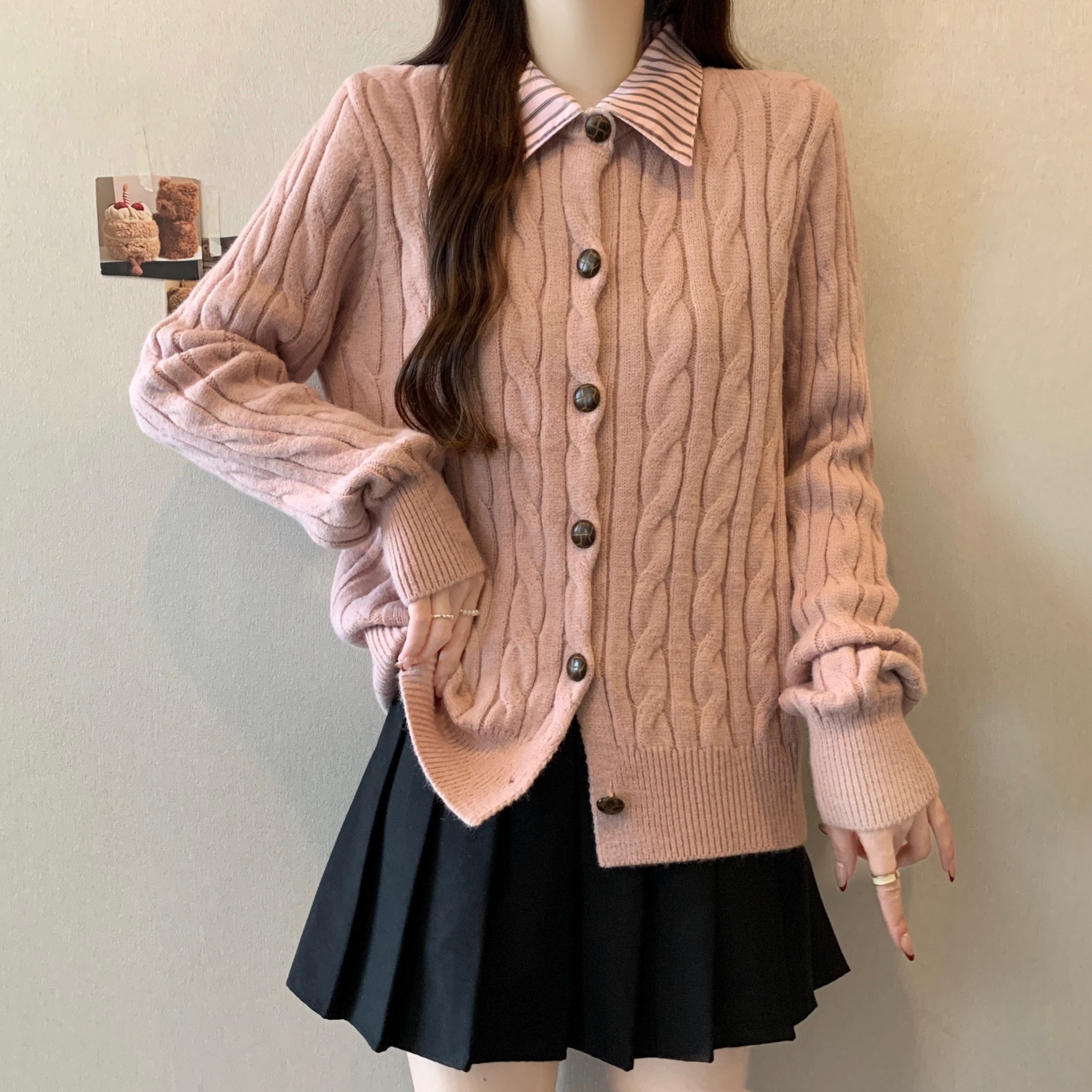 大码女装2025秋冬新款时尚设计感假两件polo领针织开衫毛衣外套潮,女装/女士精品,大码内搭,淘宝优惠券,粉丝福利购,淘宝优惠卷