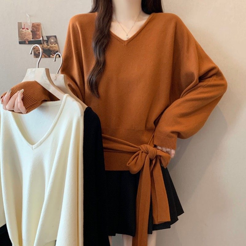 大码女装2025秋冬新款V领下摆系带蝴蝶结宽松百搭蝙蝠衫套头毛衣,女装/女士精品,大码内搭,淘宝优惠券,粉丝福利购,淘宝优惠卷