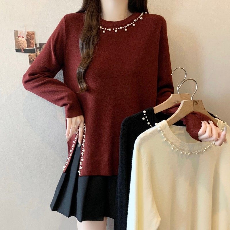 大码女装2025秋冬新款圆领重工钉珠正肩下摆开衩长袖上衣针织衫潮,女装/女士精品,大码内搭,淘宝优惠券,粉丝福利购,淘宝优惠卷