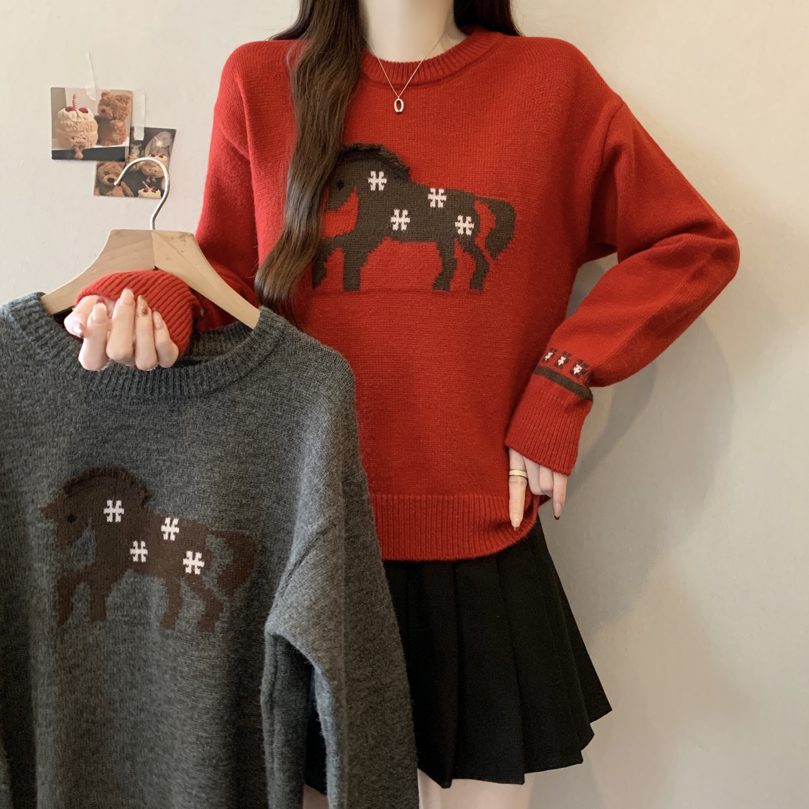大码女装秋冬新款复古风宽松圆领小马提花毛衣胖mm宽松百搭上衣潮,女装/女士精品,大码内搭,淘宝优惠券,粉丝福利购,淘宝优惠卷