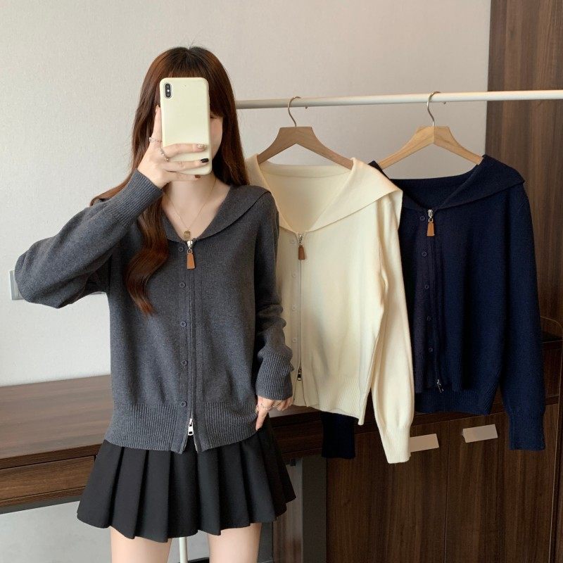 大码女装2025秋季新款时尚POLO大翻领双拉链长袖正肩上衣开衫毛衣,女装/女士精品,大码内搭,淘宝优惠券,粉丝福利购,淘宝优惠卷