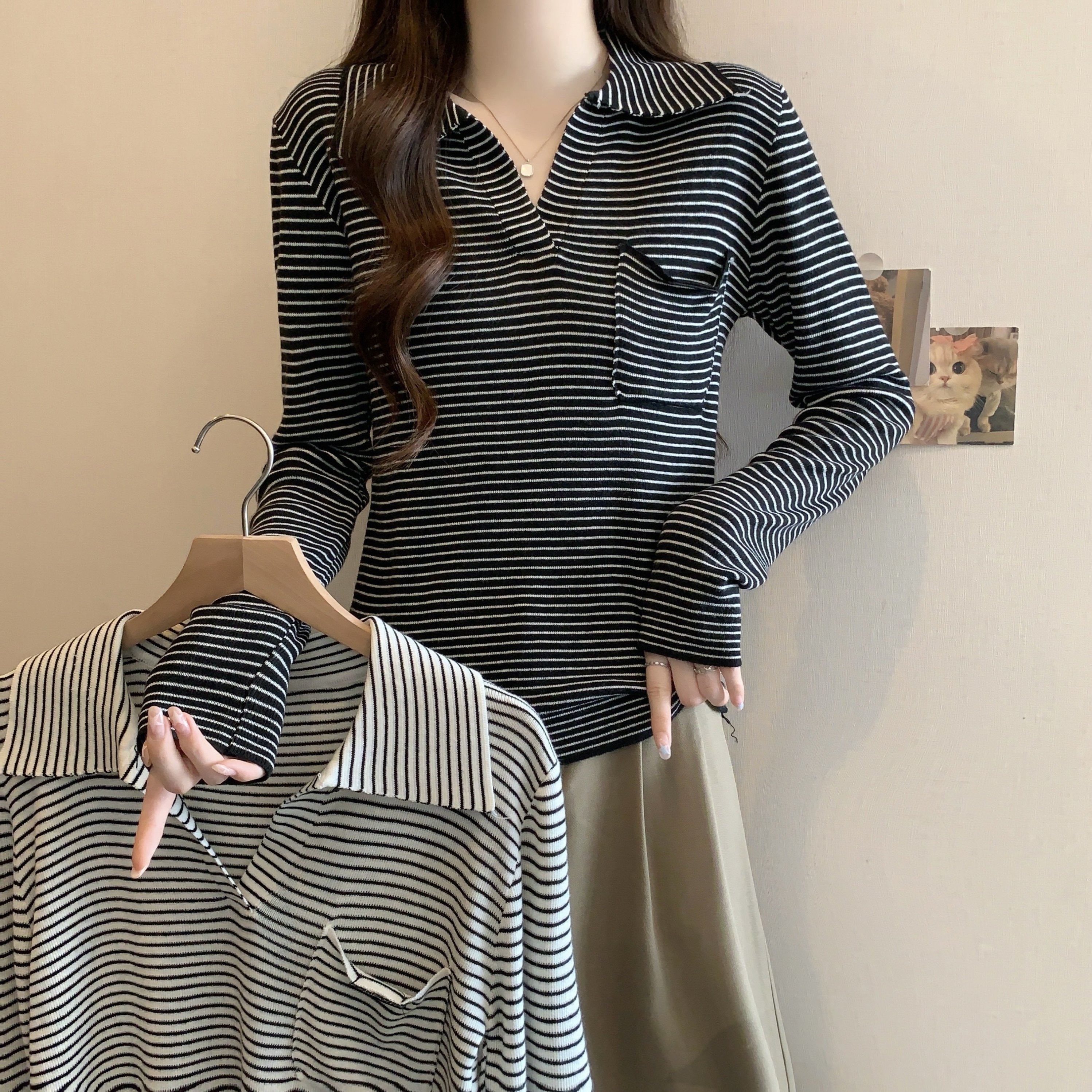 大码女装秋冬新款韩系撞色翻v领条纹T恤女胖MM修身长袖内搭打底衫,女装/女士精品,大码内搭,淘宝优惠券,粉丝福利购,淘宝优惠卷