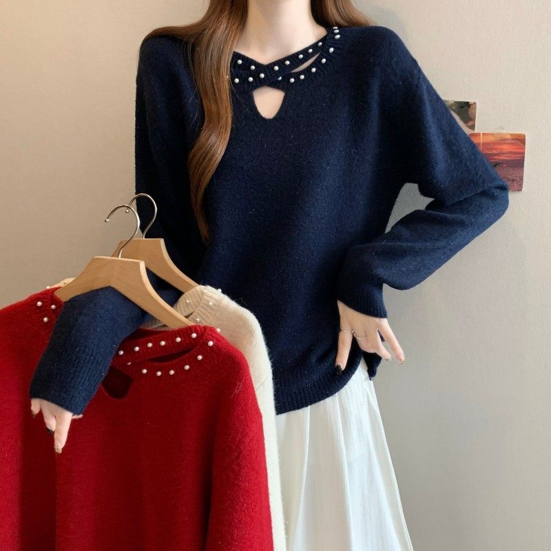 大码女装2025秋冬新款法式钉珠镂空领长袖正肩套头打底上衣毛衣潮,女装/女士精品,大码内搭,淘宝优惠券,粉丝福利购,淘宝优惠卷