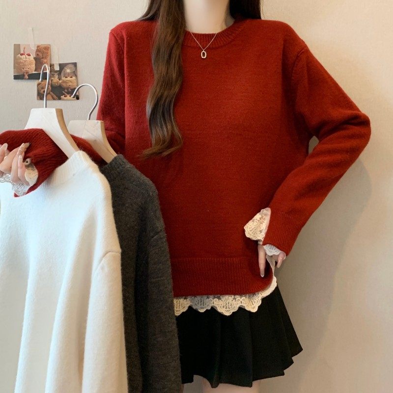 大码女装2025秋冬新款胖MM圆领纯色简约拼接蕾丝下摆正肩长袖毛衣,女装/女士精品,大码内搭,淘宝优惠券,粉丝福利购,淘宝优惠卷