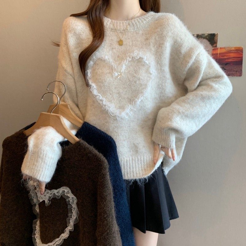 大码女装2025秋冬新款时尚百搭圆领蕾丝拼接爱心图案长袖套头毛衣,女装/女士精品,大码内搭,淘宝优惠券,粉丝福利购,淘宝优惠卷